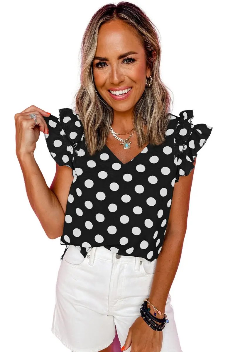 Black Polka Dot Print Ruffled Sleeve V Neck Blouse for Women - Love Salve